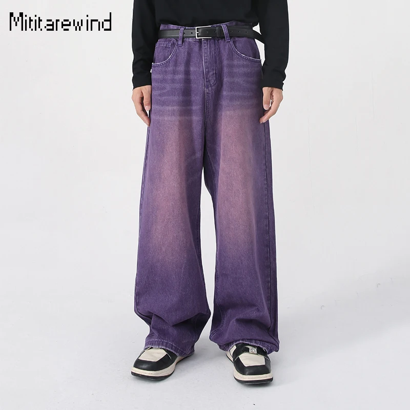 Korean Style Purple Jeans Men and Women High Street Trendy Wide-leg Jeans Y2k Cotton Wash Distressed Vintage Jeans Youth Unisex