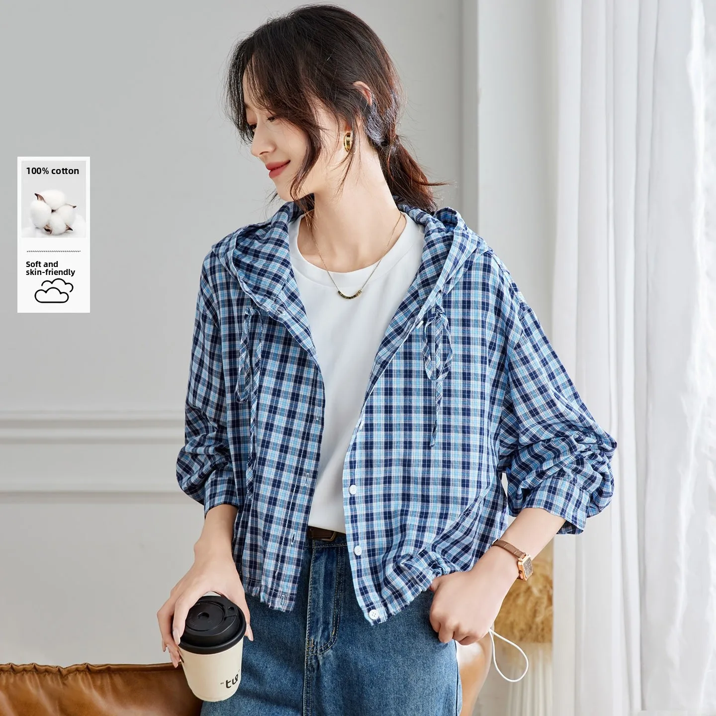 

Синяя клетчатая рубашка с длинным рукавом и капюшоном, женская свободная хлопковая рубашка для повседневной носки, новинка ранней осени, маленький размер