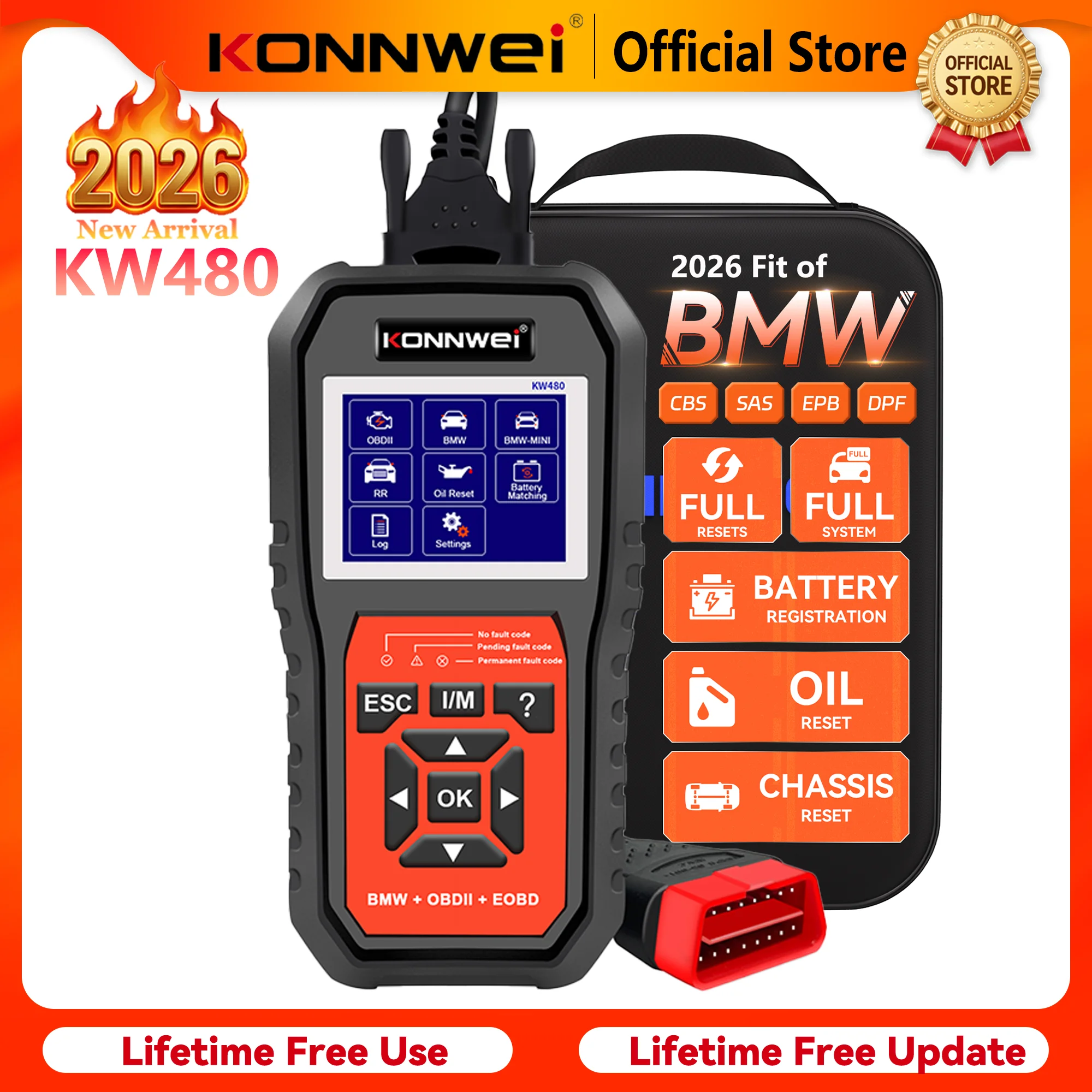 

2026 KONNWEI KW480 Car OBD2 Full System Scanner Oil Reset Airbag DPF ABS SAS ECM TPMS EPB Reset Highend Diagnostic Tool for BMW
