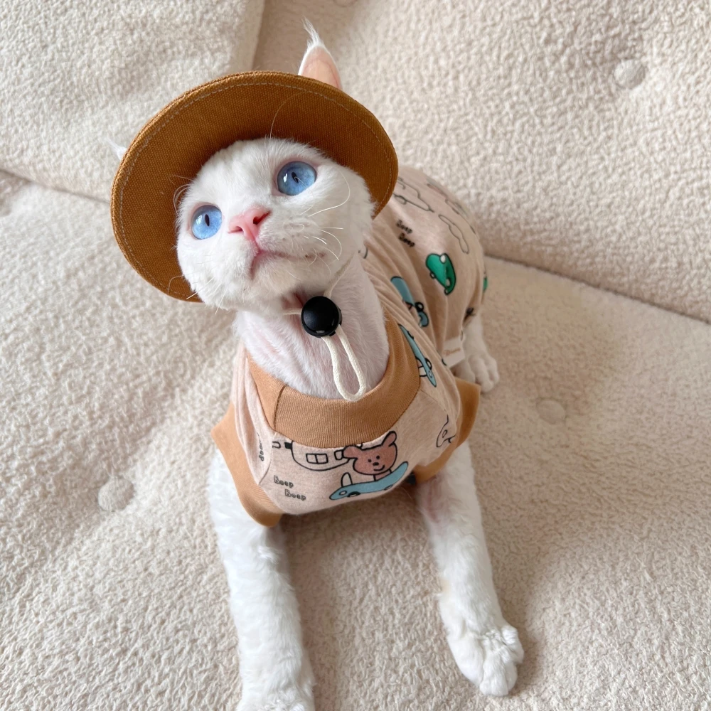 Short Sleeves Cotton T-shirt for Cats Summer Soft Khaki Cute Car Print Coat For Kittens Dogs Spring Cartoon Vest for Devon Rex