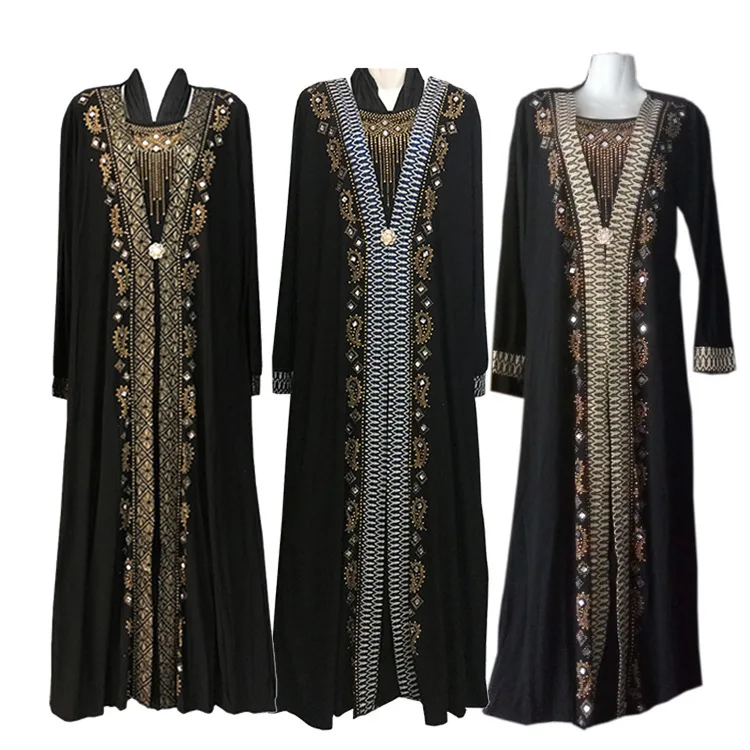 

Arab Muslim New Fashion Women's Black Beading Long Sleeve Ankle Length Ethnic Casual Trendy Luxury Abaya Dress Female Clothes