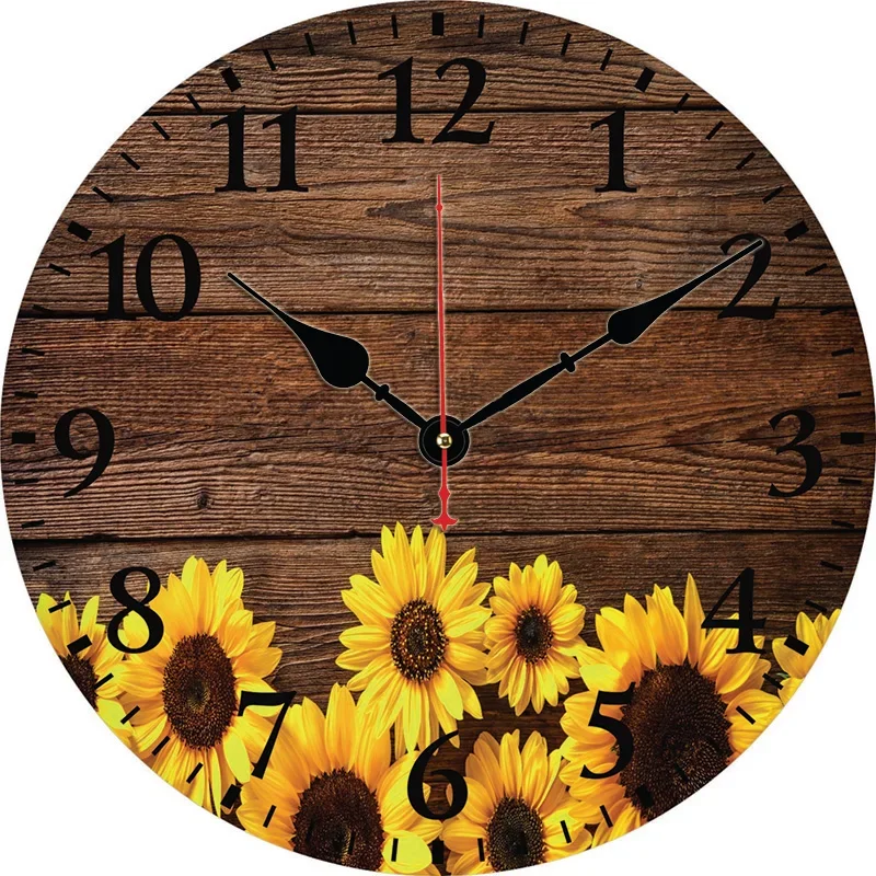 Sunflower Vintage Wood Panel Texture Wall Clock Round Silent Clocks Wall Carfts Decor Home Bedroom Living Room Office Decoration