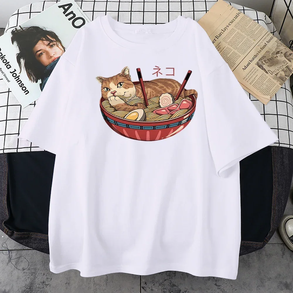 Camiseta con estampado de gatos como fideos para mujer, ropa informal Harajuku con cuello redondo, camisetas transpirables de matemáticas para mujer