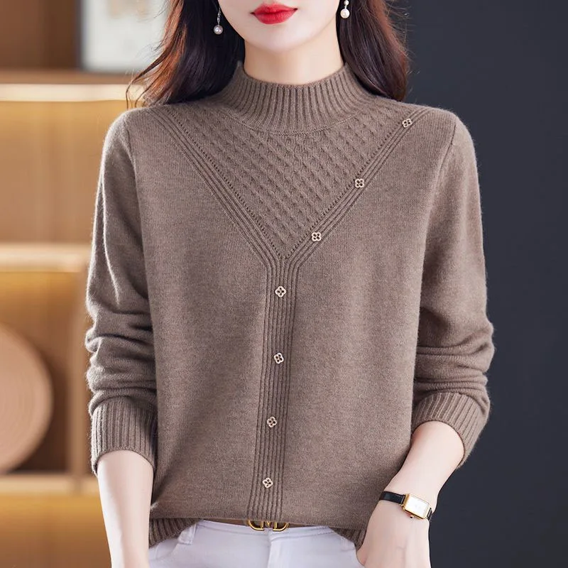 New Autumn and Winter Fashion Solid Color Retro Half High Neck Thickened Loose Versatile Western Style Slim Women\'s Sweater