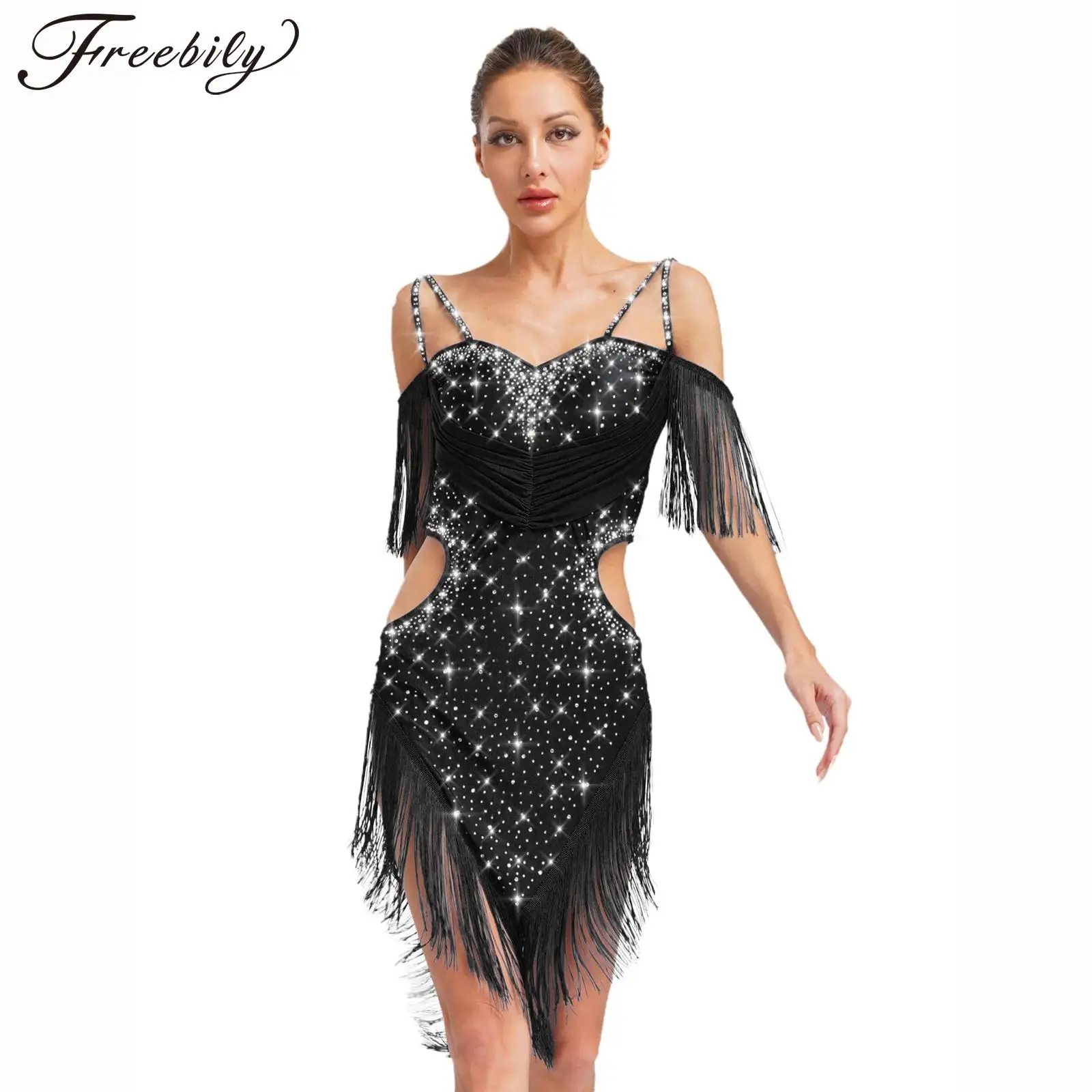 Abito da ballo latino da donna Cha-Cha Samba Tango Costume da spettacolo per sala da ballo Senza maniche Strass lucidi Ritaglio Frangia Dancewear