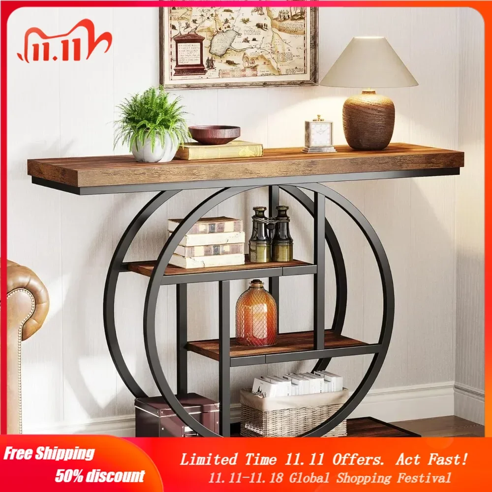 

Industrial Sofa Table Entryway Table with Circle Base, Narrow Wood Accent Tables with Storage Shelves for Living Room, Hallway