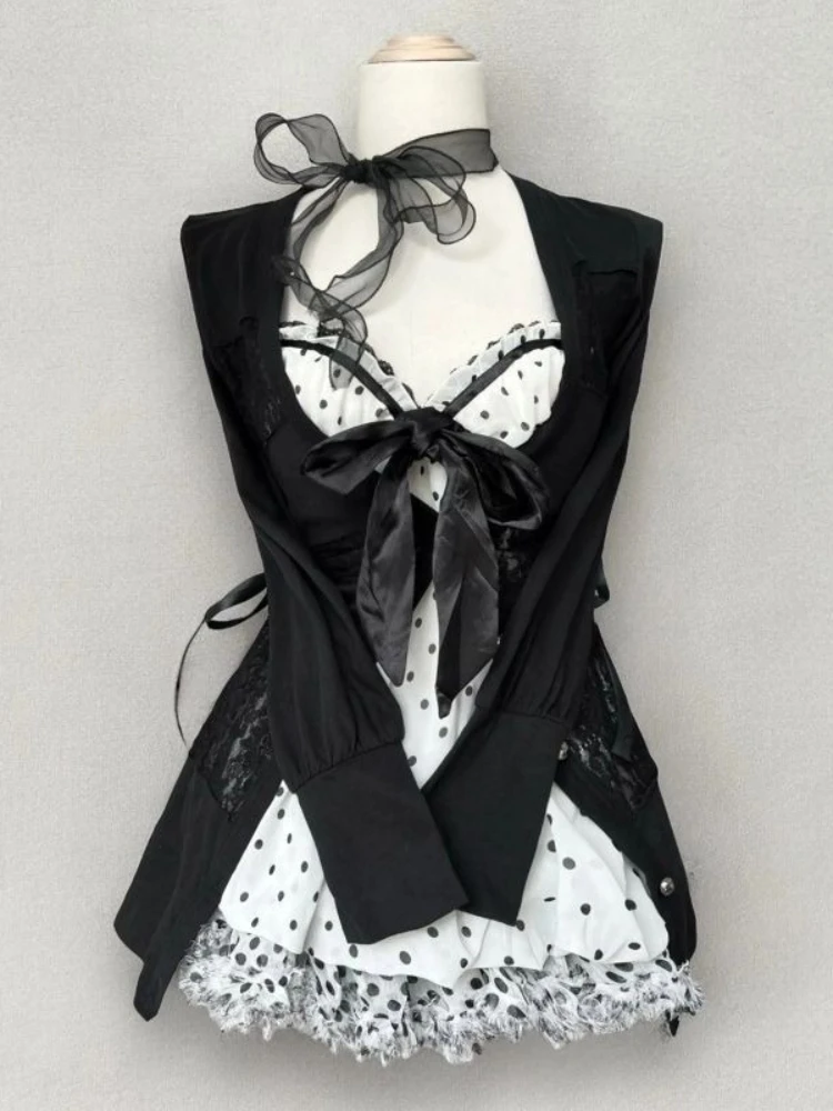 

Винтажный милый стильный комплект из 3 предметов, женский кружевной кардиган с бантом в горошек, шикарная юбка, костюм, женская ретро-мода, одежда в стиле Харадзюку, новинка 2023 г.