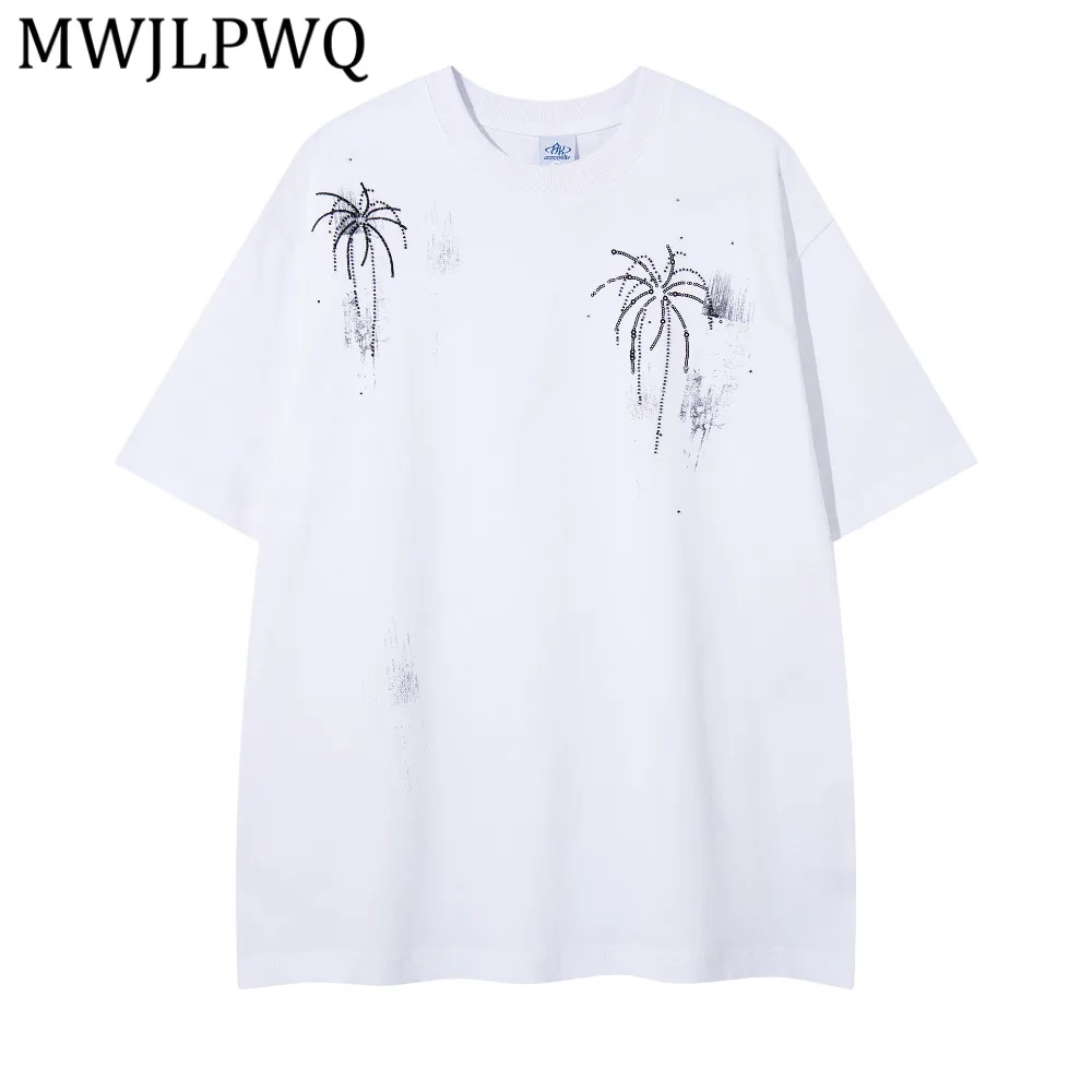 

MWJLPWQ Summer New Street Style Embroidered Sequin Cotton T-Shirt Men's American High-Quality Short-Sleeve Oversized Tops 15168