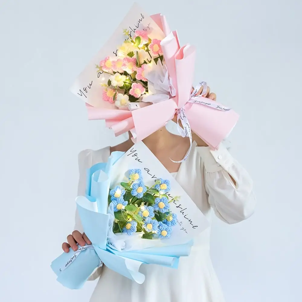 Handcrafted Crochet Flowers Bouquet with Gift Bag LED Lamp String Graduation Flower Bouquet Beautiful Handmade