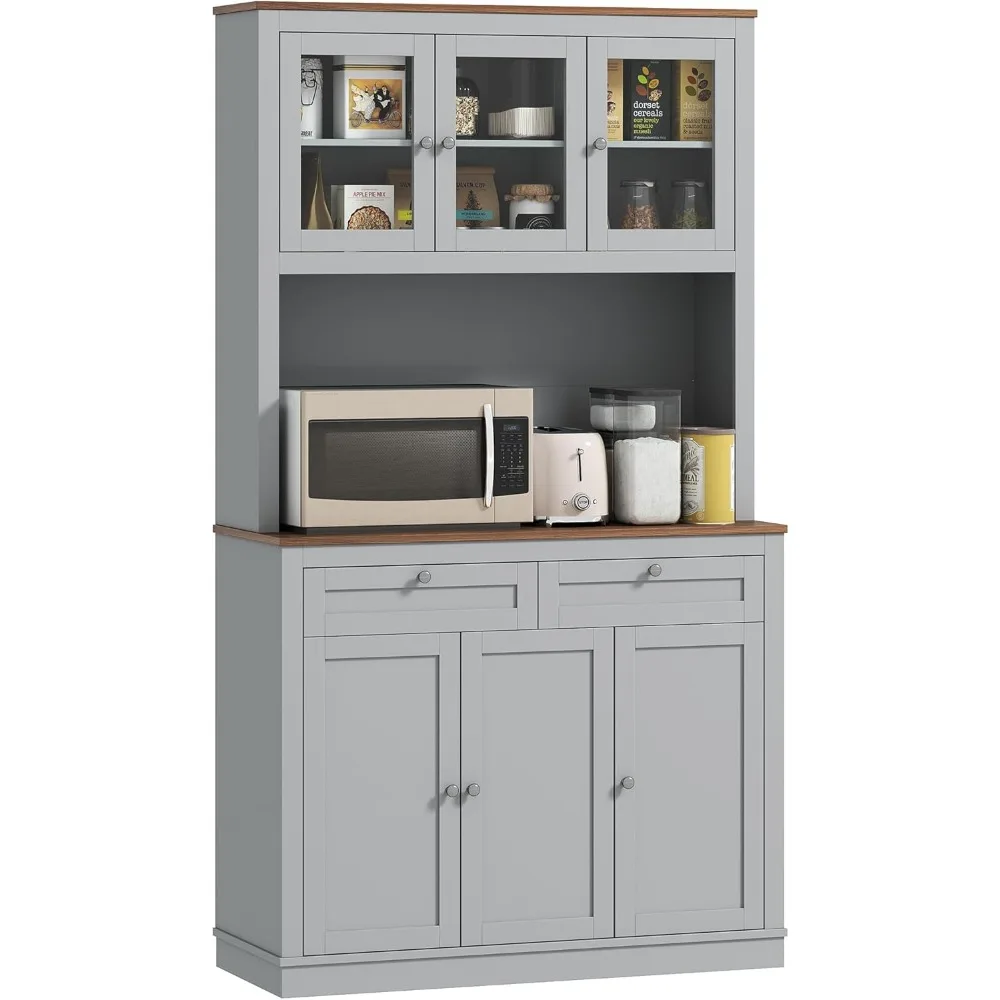

"71-Inch Tall Freestanding Kitchen Pantry Cabinet with Hutch, Microwave Stand, Two Drawers, and Adjustable Shelves"