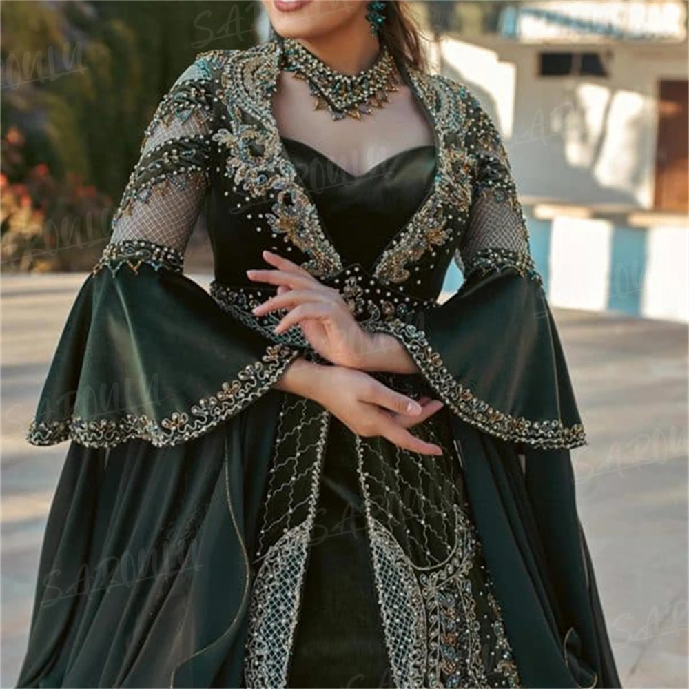 Best Kaftan Spanish Women Formal Party Gown Gold Lace Long Flare Sleeve Customized Prom Dress Vestido De Gala Maxi Caftan Muslim