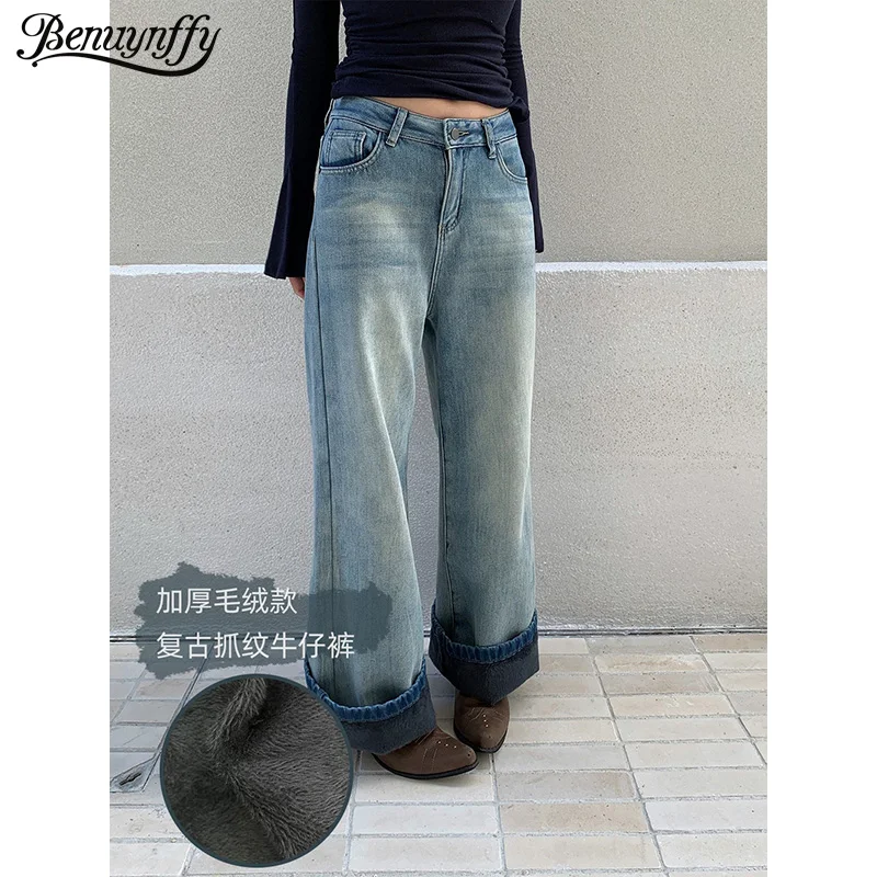 Damskie jeansy Benuynffy High Street Retro z prostymi nogawkami, nowość na jesień i zimę 2025, ocieplane grubym polarem, szerokie nogawki w stylu lat 2000, luźne spodnie.