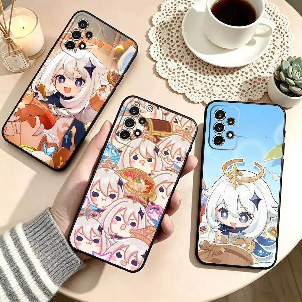 Cute P-Paimon Genshin Phone Case Black Silicone Soft For Samsung S25,S24,S21,S22,S23,S30,Ultra,S20,Plus,Fe,Lite