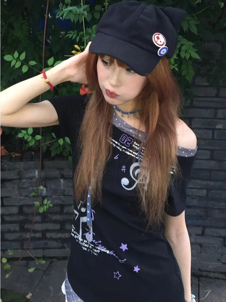 Streetwear Graphic Print T Shirts 2000s Y2k Clothes Top Women Short Sleeve Off Shoulder Sweet Vintage Tshirt False Two-piece