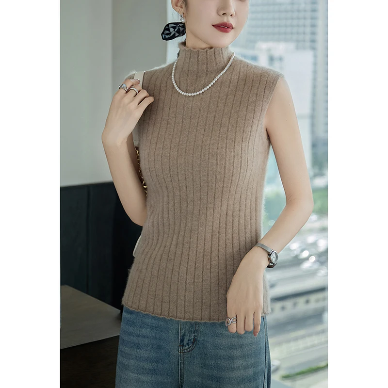 100% Cashmere Sleeveless Elasticity-bust Half High Collar Knit Autumn Winter Indoor Slim Sexy Women Pullover Ladies Sweater 2024