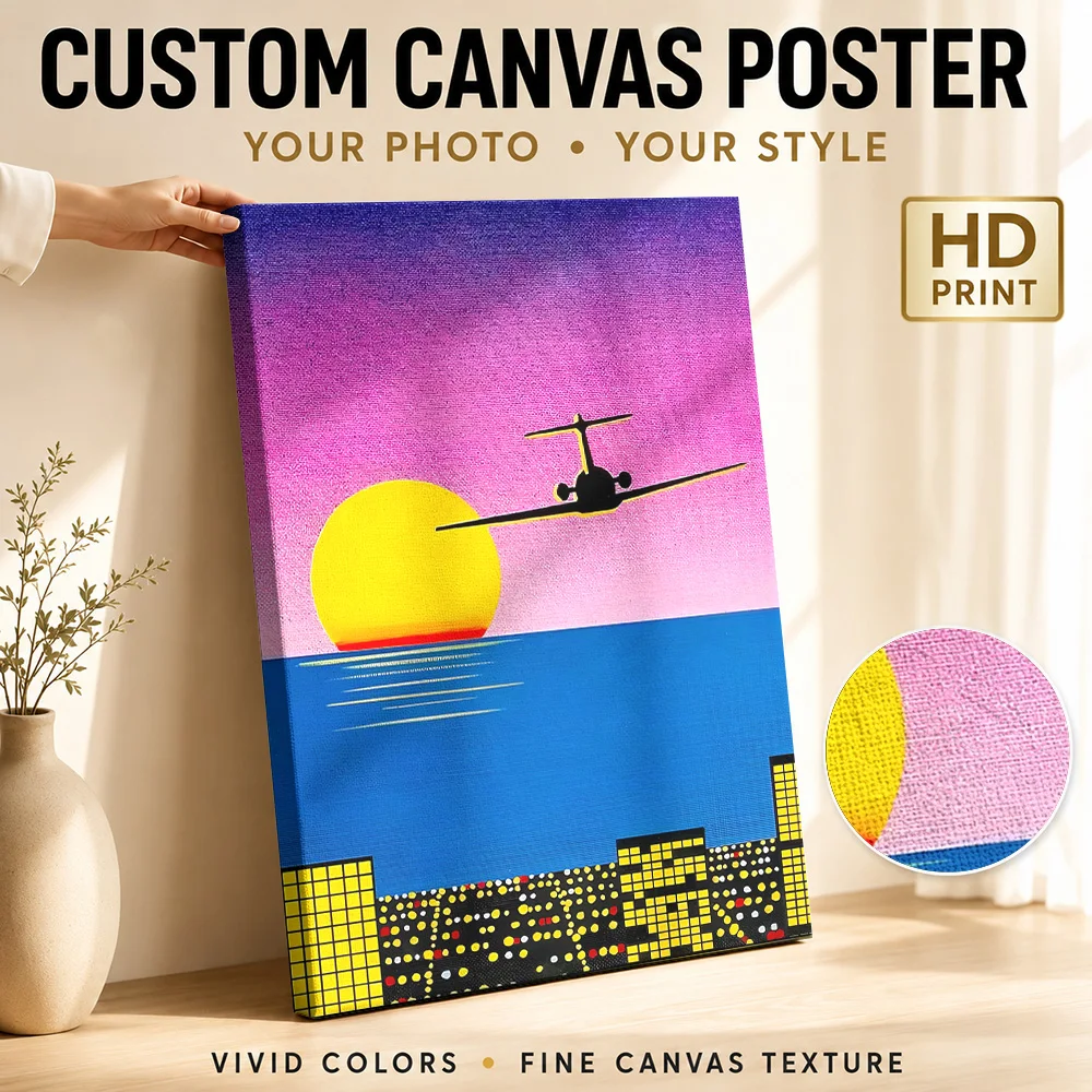 Hiroshi Nagai Sunset Flight Cityscape Canvas Print With Wooden Frame Personalized Photo Vaporwave Color Wall Art For Living Room