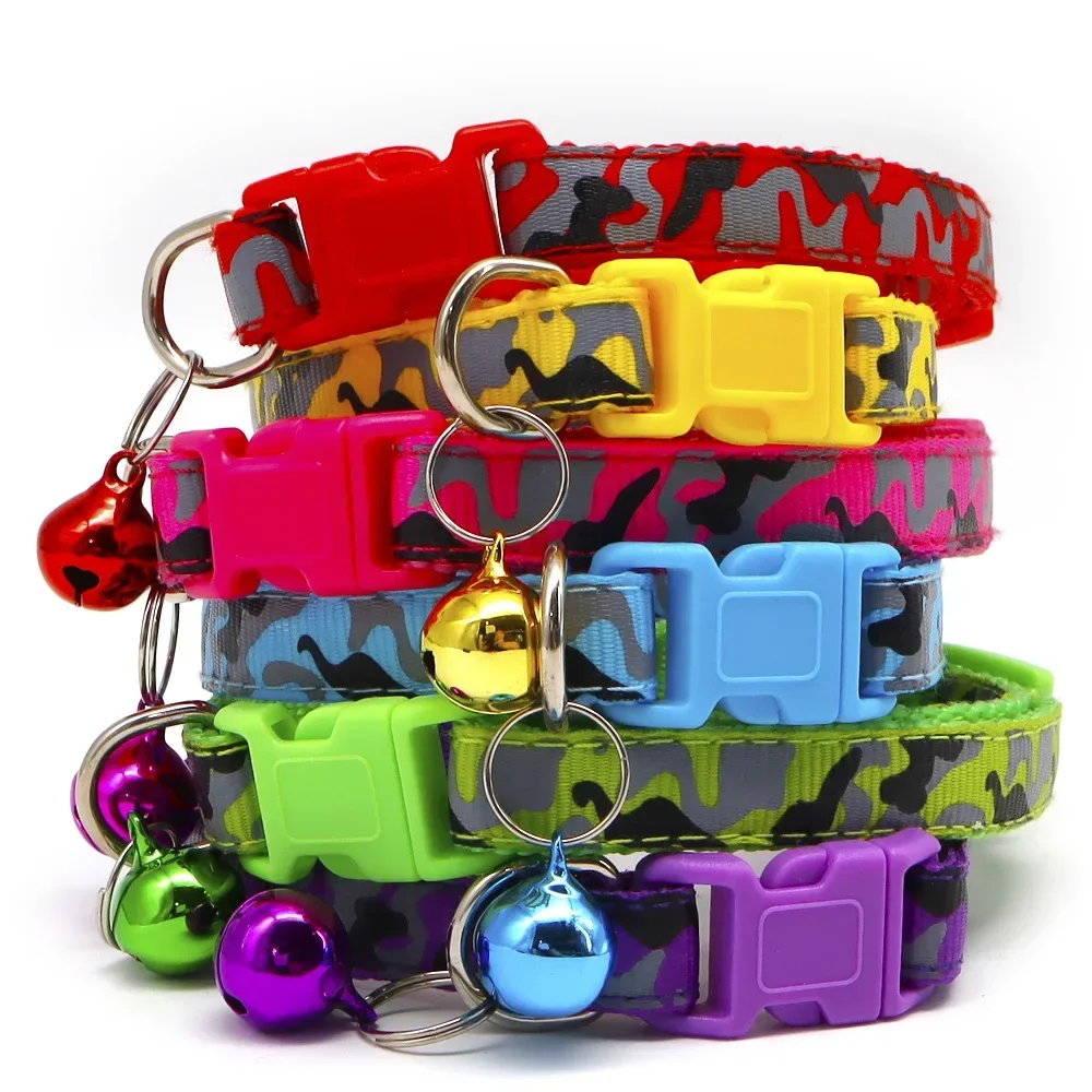 Camo Nylon Pet Collar Removable Metal Bell Adjustable Quick Snap Buckle Collar for Small Medium Dogs Cats Outdoor Decoration