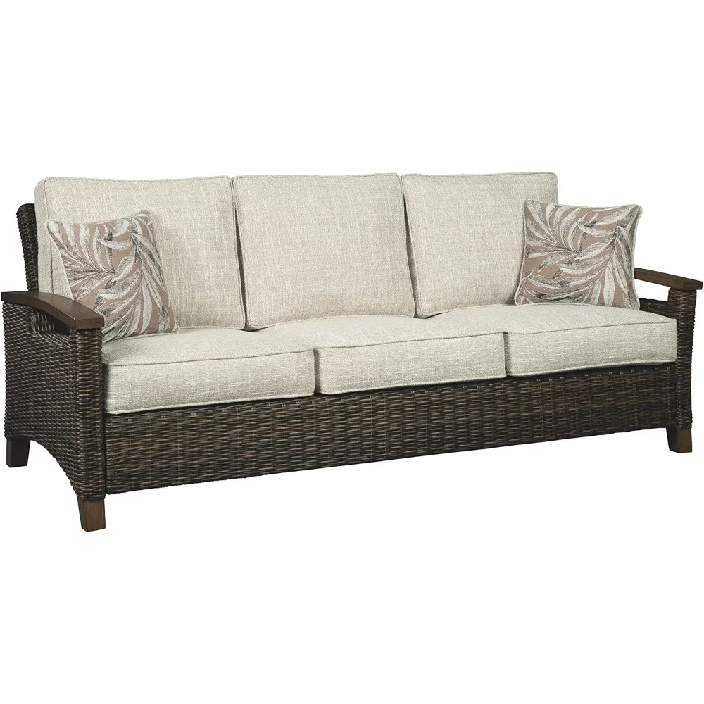 

Outdoor terrace sofa with cushions and 2 pillows, brown and beige