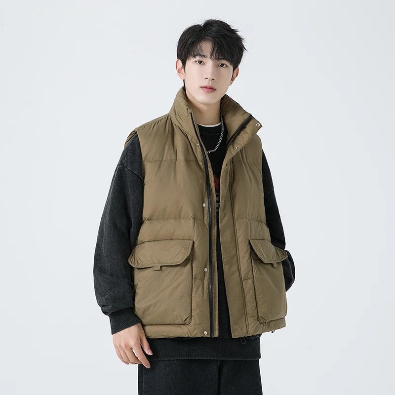 

Men's White Duck down Vest Thickened Stand Collar Winter Jacket Warm Cold Proofing Shoulder Coat Fashionable Outerwear