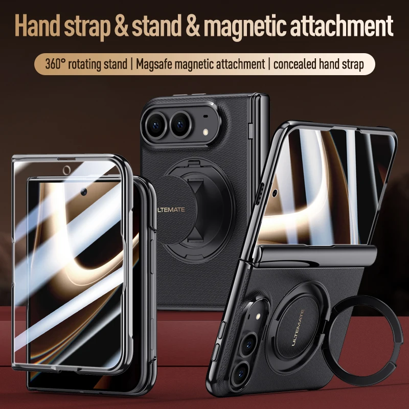 Case For iPhone Duo Luxury Magnetic 3 in 1 Hand Strap Rotation Ring Stand Cover With HD Privacy Glass Film for iPhone Duo