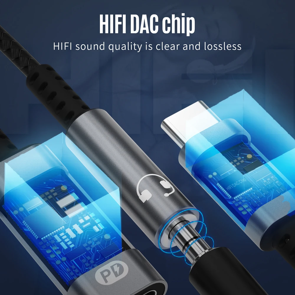 USB C ~ 3.5 MM 잭 AUX 오디오 이어폰 DAC 어댑터 타입-C 3 5 헤드폰 컨버터, 60W PD 충전, 아이패드 프로 에어 삼성 호환