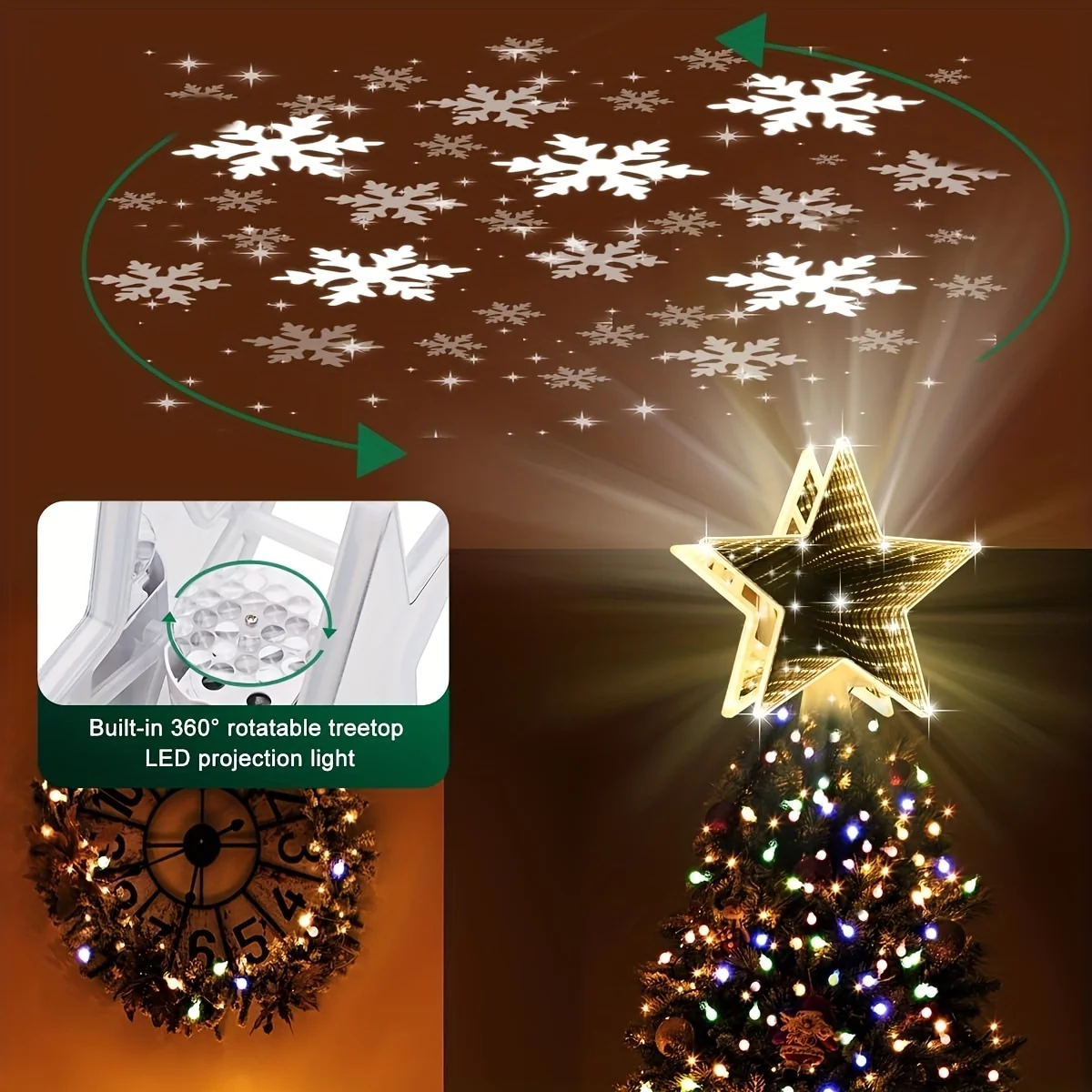 

Christmas Tree Topper Star Projector Light with 6 Replaceable Films, Dynamic Rotating Projection, Star Tree Top Decoration
