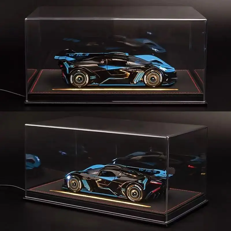 Clear Acrylic Display Case with Ambient Lighting and Backdrop Leather Bottom Cool Car Model Dustproof Display Cabinet