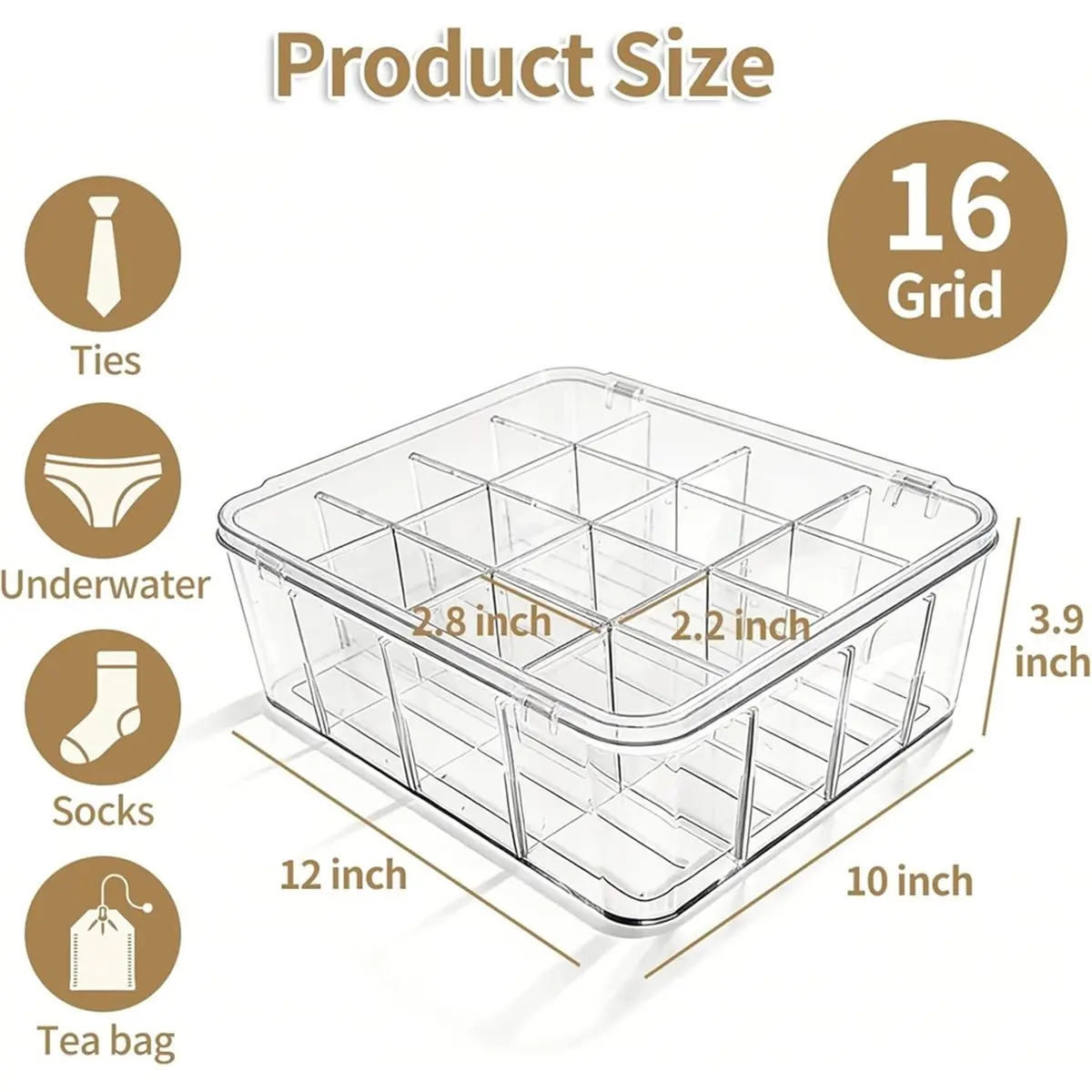 Light Weight Socks Underwear Drawer Organizer, 16 Compartment Clear Plastic Storage Box with Lid & Adjustable Dividers, Tie Box