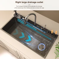Évier de cuisine cascade en acier inoxydable, Extra Large, fente unique avec affichage numérique, ensemble de robinets pour la cuisine 4