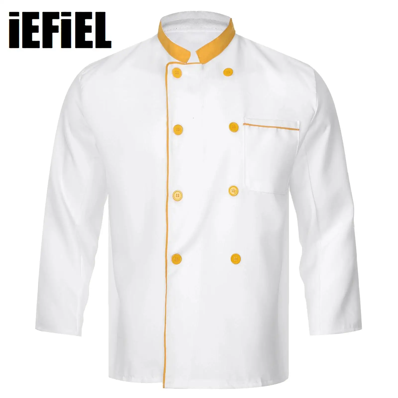 Adult Chef Jacket Mens Womens Hotel Restaurant Contrasting Stand Collar Long Sleeve Double-Breasted Kitchen Work Uniform