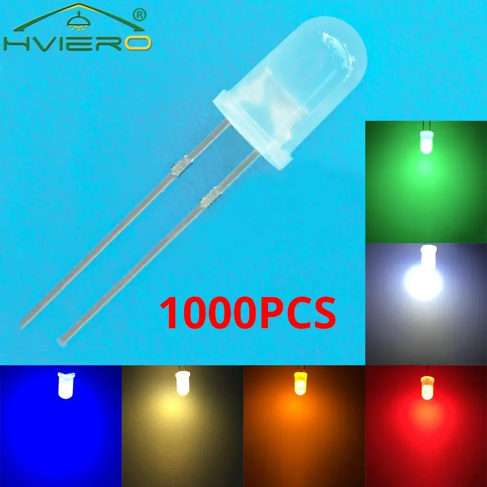 1000Pcs 5mm Round Lamp Bead Diffused Emitting Light Diode 2pin LED 6000~6500K Bulb Decoration Advertising Board Atmosphere Neon