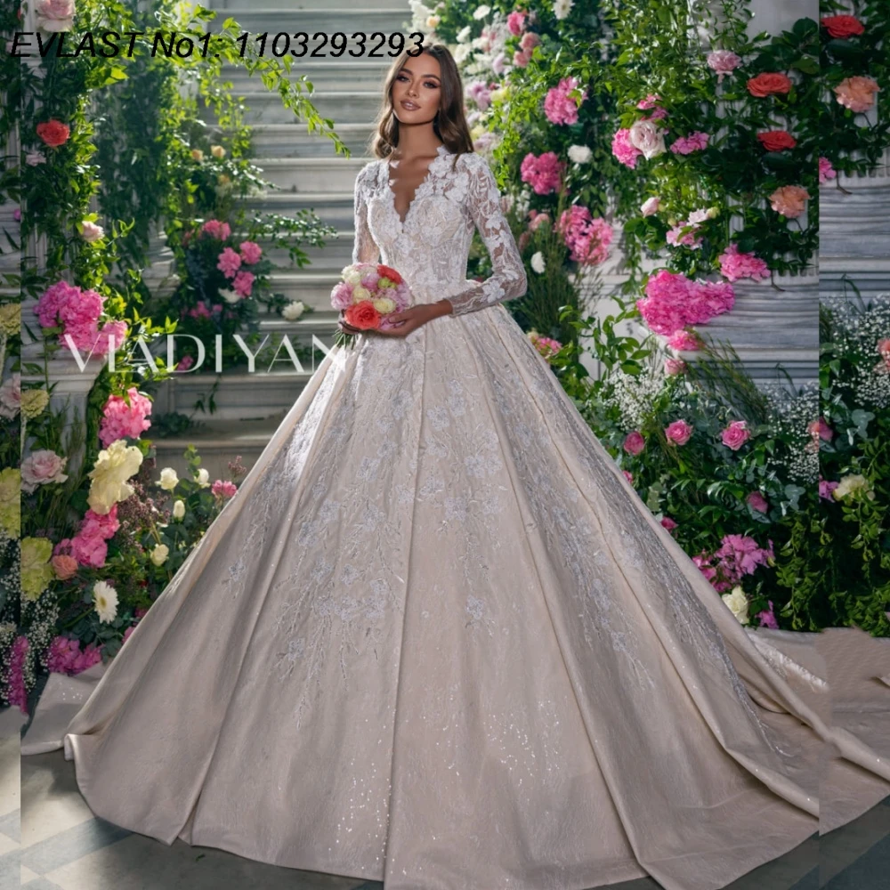 

EVLAST очаровательное свадебное платье трапециевидной формы по индивидуальному заказу, мусульманское кружевное платье с длинными рукавами и аппликацией из бисера, свадебное платье невесты Robe De Mariee TBD140