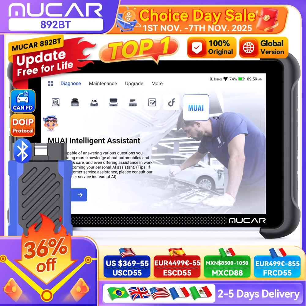 yZ[zMUCAR 892BT AI OBD2 ffc[ CAN FD/DOIP OBD 2 XLi[ SVXeΉ 35Zbg ECUR[fBO ivAbvf[g