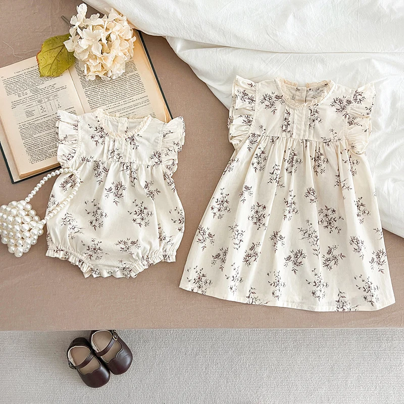 Family Matching Sister Clothing  Summer Baby Girls Clothes Dress Sleeveless Lace Floral Princess Girl Dress Baby Romper Outfit