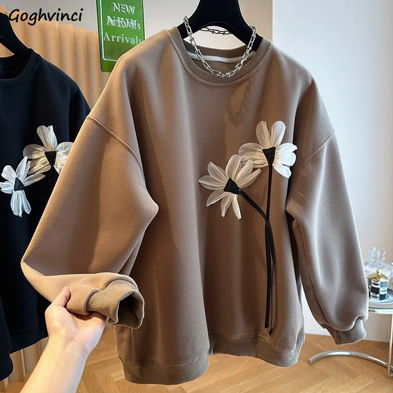 Plus Velvet Thicker Hoodies Women Floral 3D Print Female Long Sleeve No Hat Hoodie O-neck Autumn Winter Warm Loose Cozy Lovely