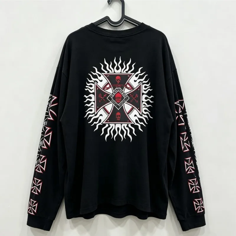 Cotton Men Women Oversize West Coast Choppers Long Sleeve Tshirts Red Cross Retro Skull Print Round Neck Tops Loose Streetwear