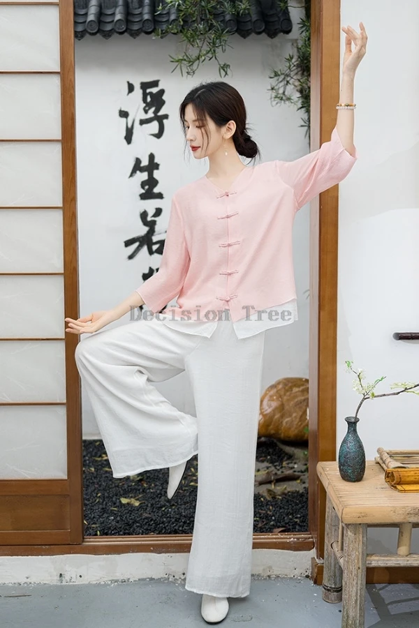 2025 new chinese-style yoga practice suit zen-inspired double-layer cotton and linen blouse and trousers 2 piece tang suit set