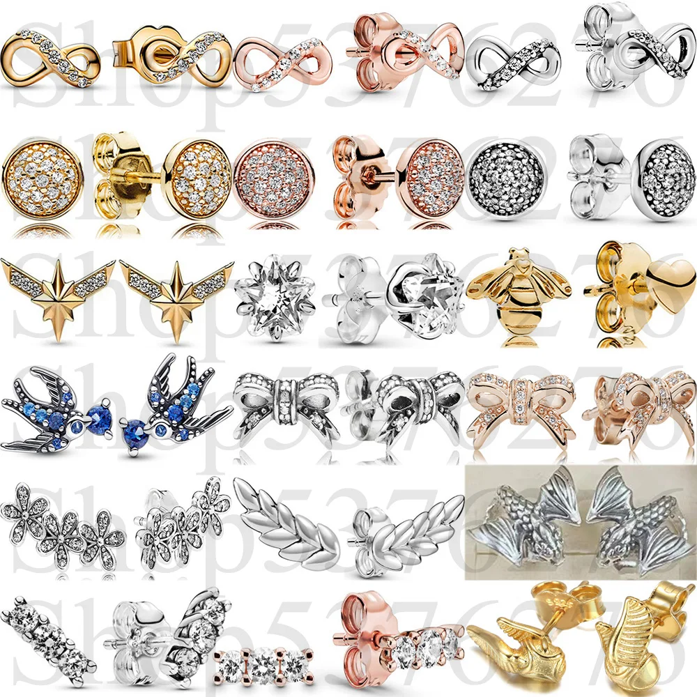 Pendientes de tuerca de Plata de Ley 925 con lazo, Margarita, estrella Celestial infinita, golondrina, corazón, abeja, dragón, regalo para mujer, joyería DIY