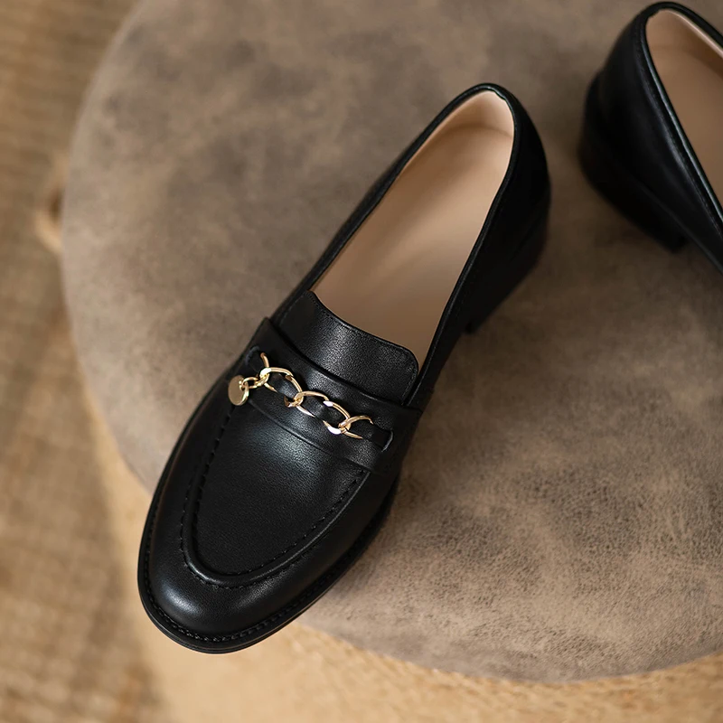 Black Genuine Leather Flat Shoes Women Fashion Oxfords Gold Chains Slip On Office Ladies Loafers Moccasins Casual Flats Female