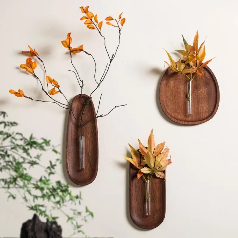 Solid Wood Wall Mounted Vase Simulated Floral Vase Hydroponic Wall Mounted Floral Decor Wooden Plate Vase Homestay Wall Decor