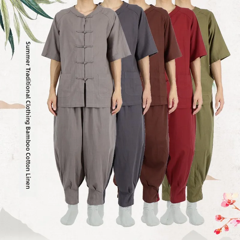 

Летний комплект из хлопка и льна с коротким рукавом для мужчин и женщин: повседневная одежда в стиле дзен из чистого хлопка, костюм-монк на пуговицах, танский костюм