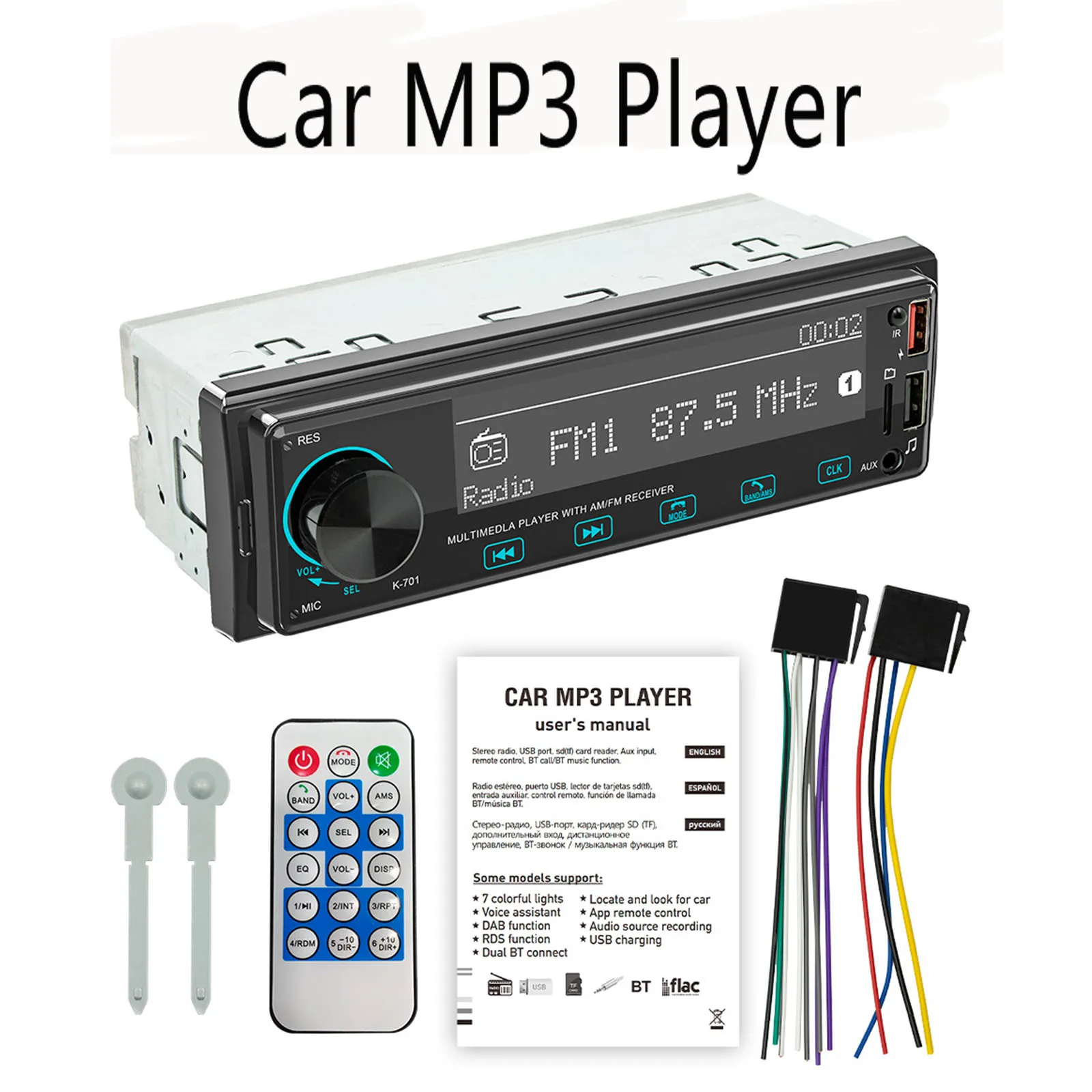 

2.5D Full Touch Buttons Car Radio Stereo Player K-701 Car MP3 Player Stereo Music Multimedia BT/FM/AUX Input/TF/U Disk Playback