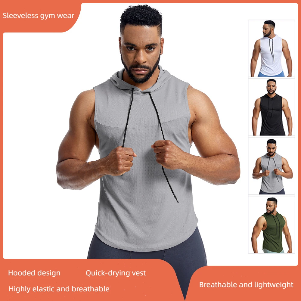 

Hooded Basketball Vest High Elastic Sleeveless Fitness Vest Grid Sports Vest