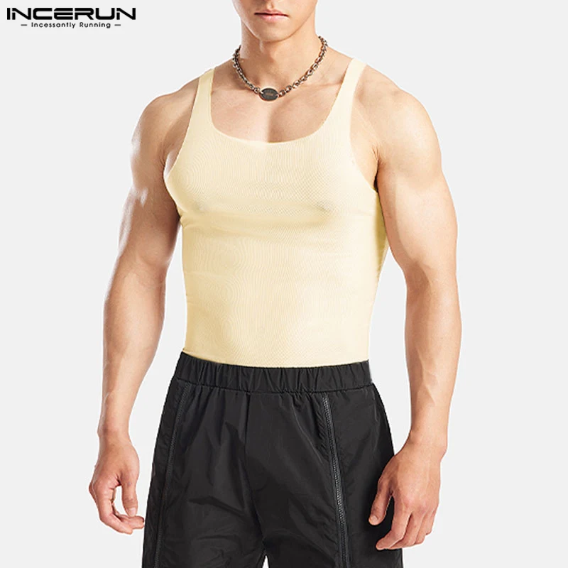 

INCERUN Summer Sleeveless Tanks Tops Men Tops Tee Fashion Sexy Tops Solid Color See-Through Men's Clothing Oversize Streetwear