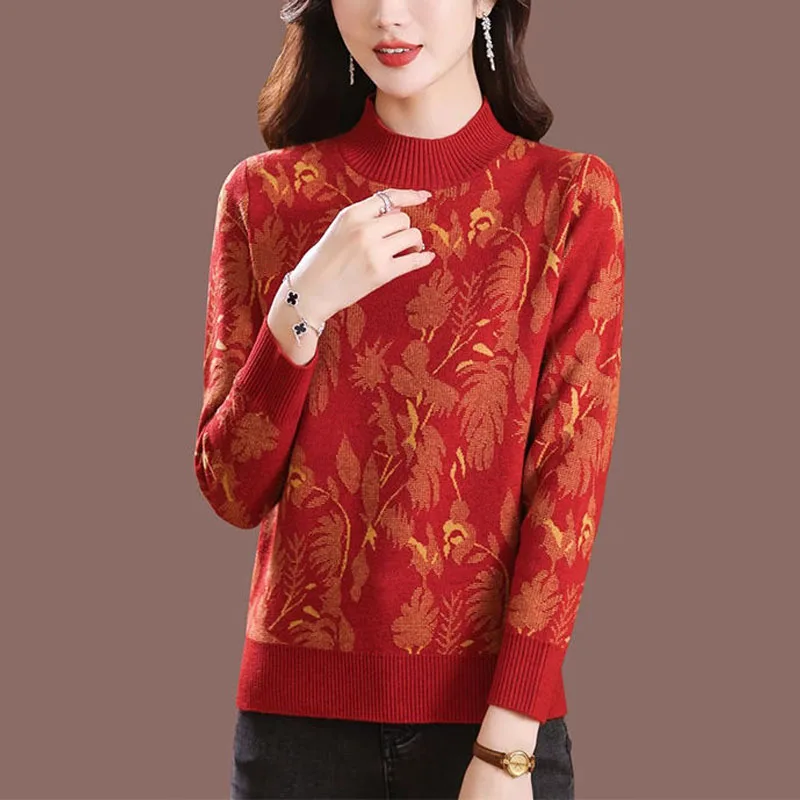 Autumn Fashionable and Fashionable High End Half High Neck Jacquard Loose and Versatile Casual Reducing Age Mother's Sweater