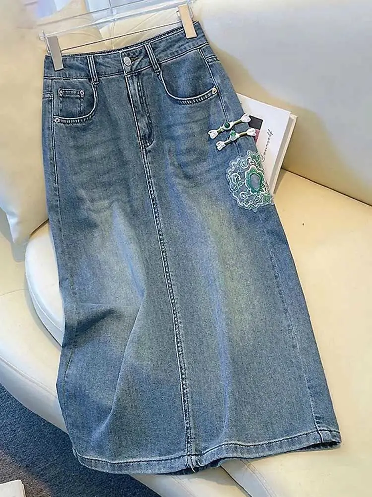 Lässig geschlitzter Jeans rock, für Damen bekleidung, Frühling Sommer hoch taillierte bestickte Schnalle Wickel A-Linie Jeans Röcke, 2024 neu