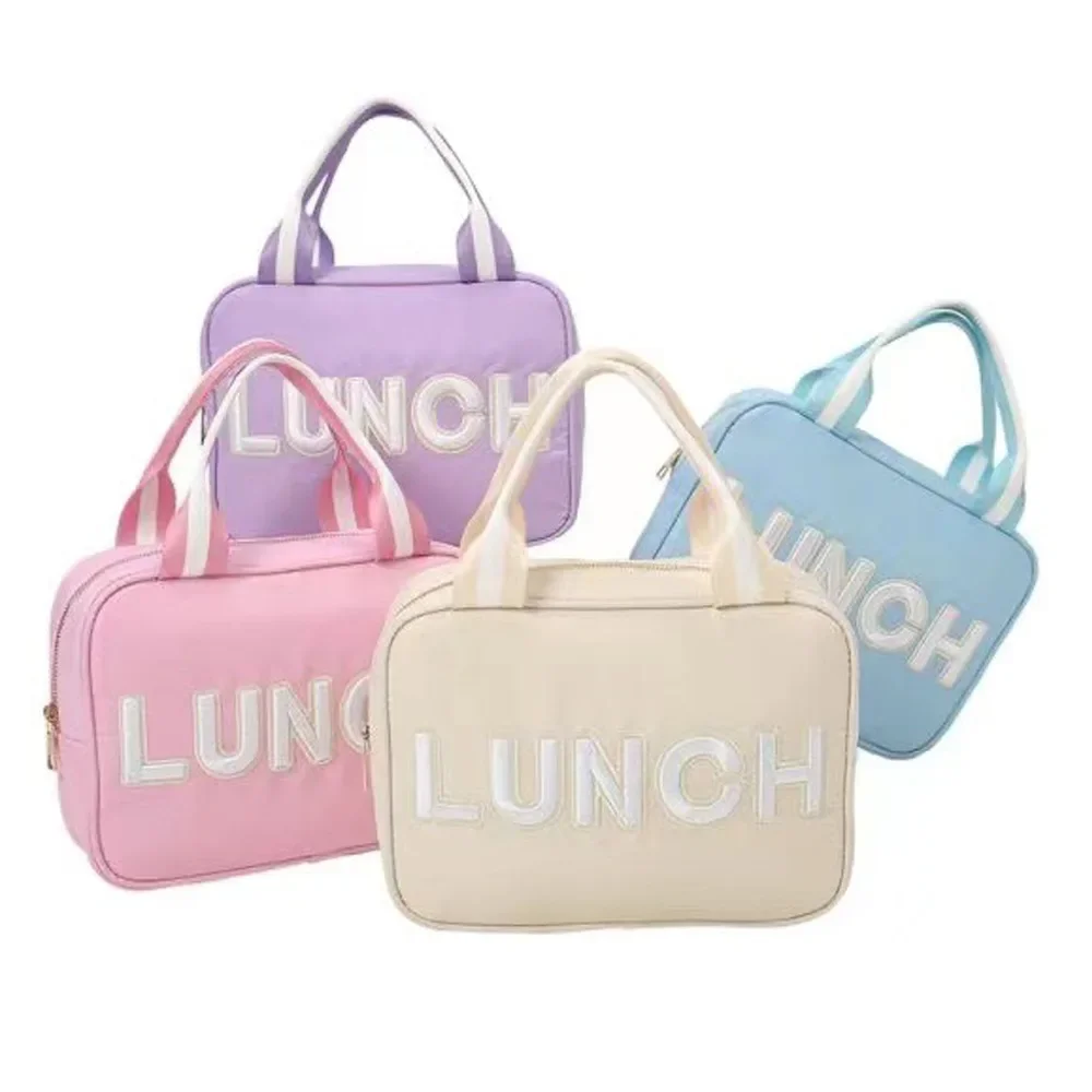 Waterproof Nylon Lunch Bags Kids Fashion Letter Patches Insulated Lunch Box Children Portable Lunch Totes Picnic Food Warmer Bag