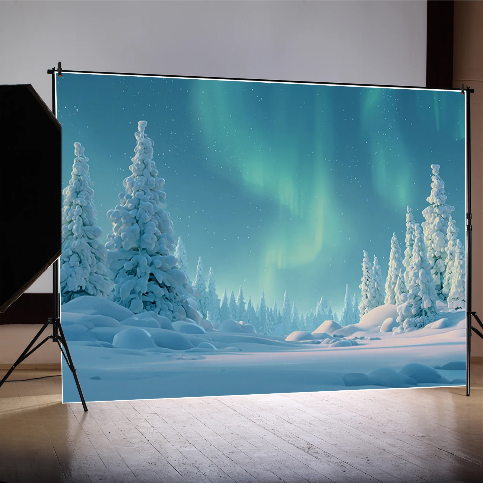 MOON.QG عيد الميلاد السحرية الشتاء الغابات الخلفيات للصور أورورا ضبابي الثلوج الذهبي خلفية استوديو الدعائم فوتوزون #3