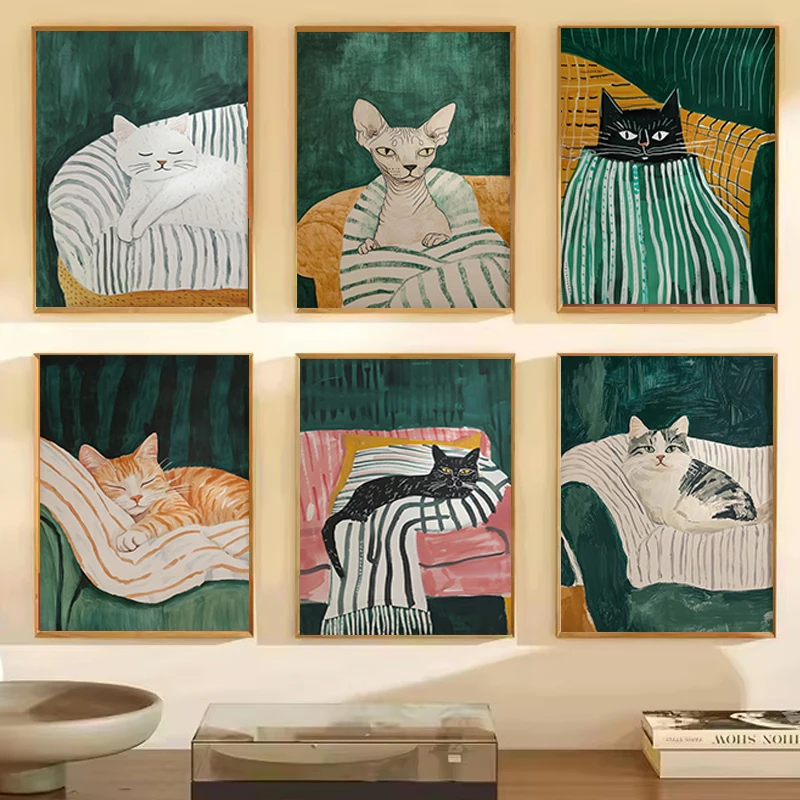 

Sleeping Cat Kitten Dark Green Posters and Prints Canvas Printing Minimalist Wall Art Picture for Living Room Home Decor Gift