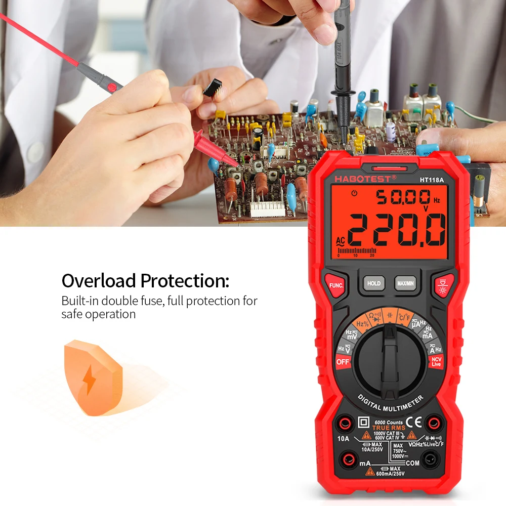 HT118A Digital Multimeter Auto Range Multi-meter 6000 Counts True RMS Measuring AC/DC Voltage Current